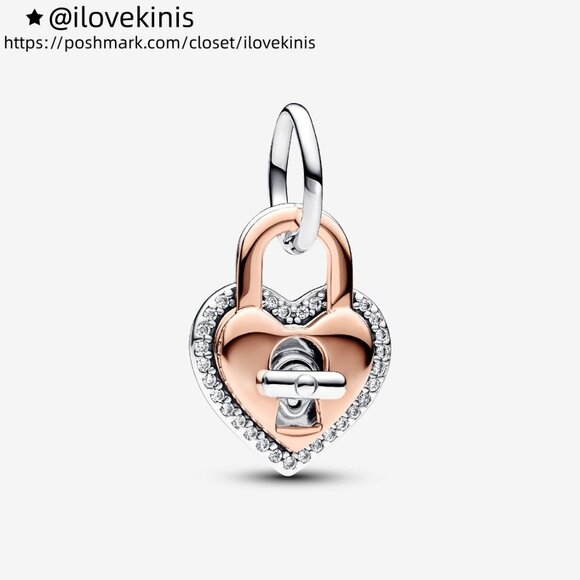 Pandora Two-tone Twistable Heart Padlock Double Dangle Charm - Picture 1 of 6